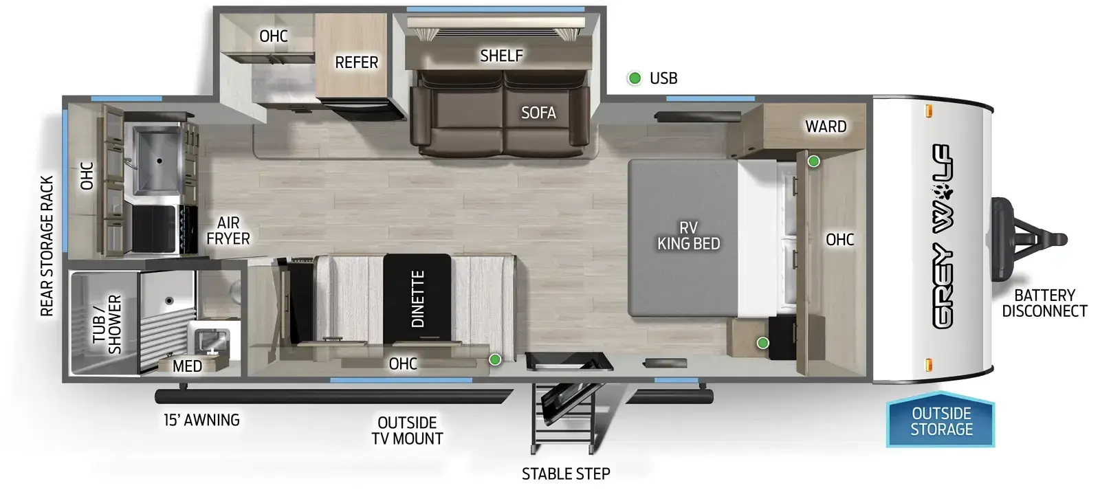 The Cherokee Black Label 22CEBL floorplan has one entry and one slide out. Exterior features include: fiberglass exterior and 15' awning. Interiors features include: rear kitchen and front bedroom.