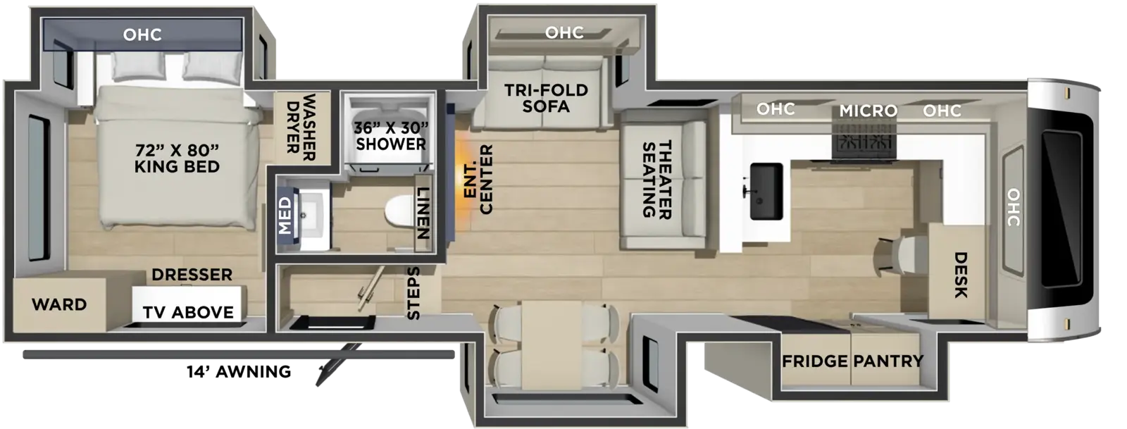 The Columbus 360FK floorplan has one entry and four slide outs. Exterior features include: fiberglass exterior and 14' awning. Interiors features include: front kitchen, free-standing dinette option and rear bedroom.