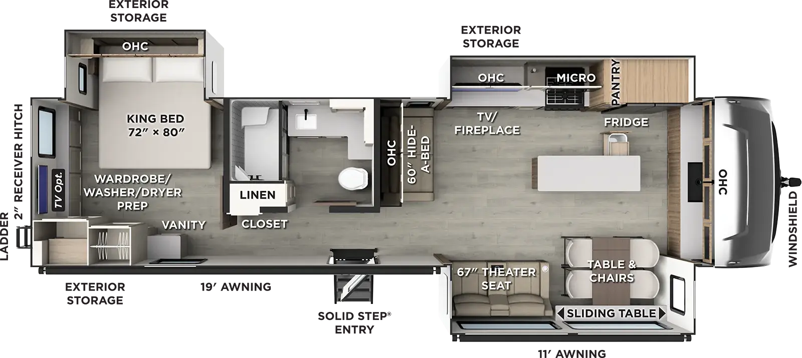 The Rockwood Signature Travel Trailers 8391FK floorplan has one entry and three slide outs. Exterior features include: fiberglass exterior and 19' & 11' awning. Interiors features include: front kitchen, kitchen island and rear bedroom.