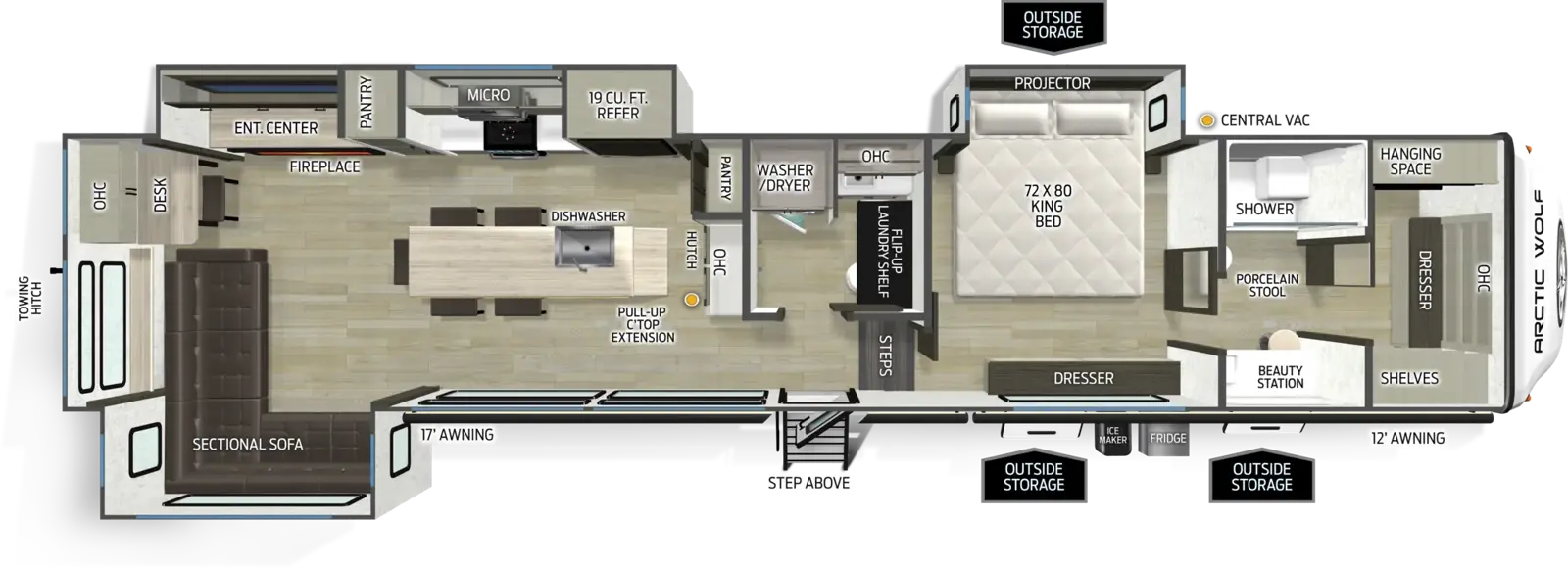 The Arctic Wolf 38LEAH.G floorplan has one entry and three slide outs. Exterior features include: fiberglass exterior and 17' & 12' awning. Interiors features include: kitchen island, rear living and bathroom and a half.