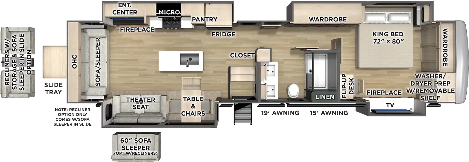 The River Ranch 393RL floorplan has one entry and four slide outs. Exterior features include: fiberglass exterior and 19' & 15' awning. Interiors features include: kitchen island, free-standing dinette option, front bedroom and rear living.