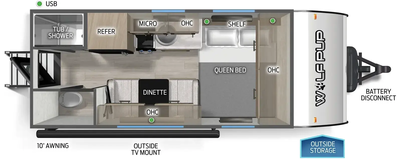 The Cherokee Black Label 14CCWBL floorplan has one entry and zero slide outs. Exterior features include: fiberglass exterior and 10' awning. Interiors features include: front bedroom and rear bathroom.