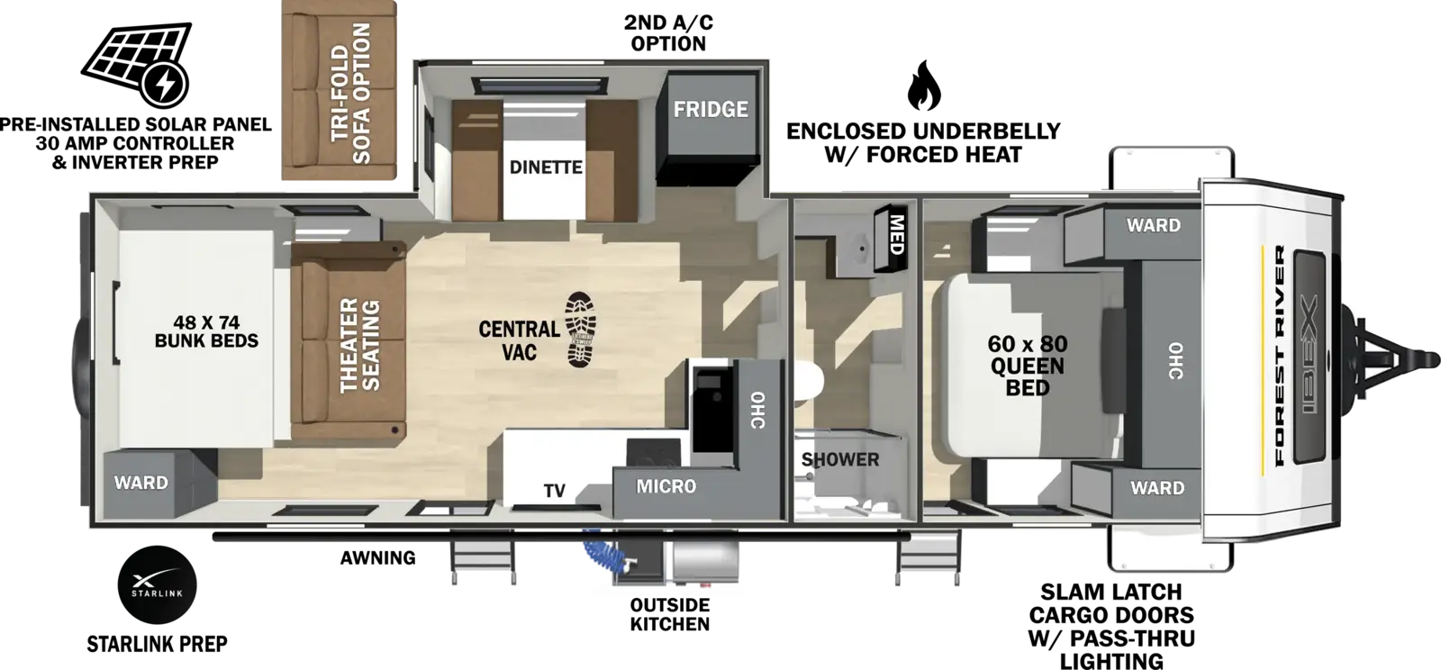 The Ibex 25RBH floorplan has one entry and one slide out. Exterior features include: fiberglass exterior, 21' awning and outside kitchen. Interiors features include: bunk beds, front bedroom and pass through bathroom.