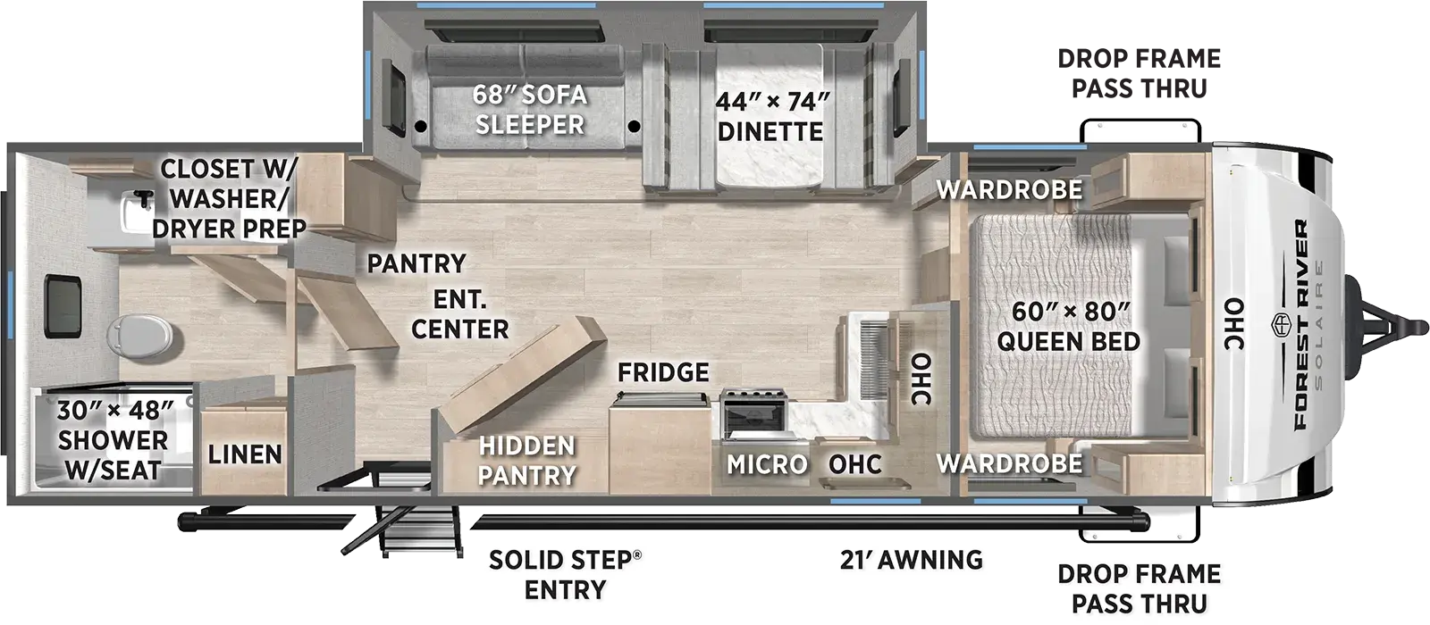 The SolAire Ultra Lite 2580RBSS floorplan has one entry and one slide out. Exterior features include: fiberglass exterior and 21' awning. Interiors features include: front bedroom and rear bathroom.