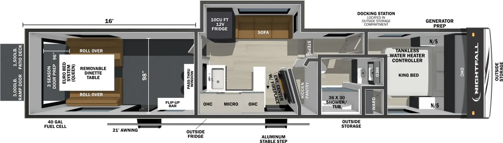 The Nightfall 380N floorplan is a toy hauler that has two entries and one slide out. Exterior features include: fiberglass exterior and 21' awning. Interiors features include: front bedroom.