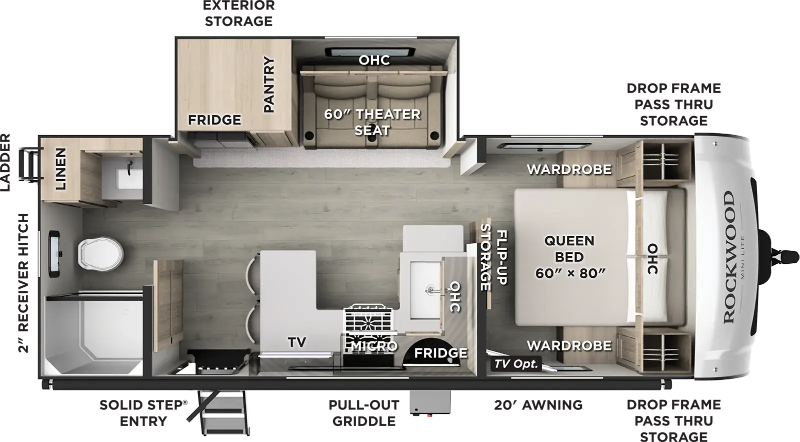 The Rockwood Mini Lite 2525RB floorplan has one entry and one slide out. Exterior features include: fiberglass exterior and 20' awning. Interiors features include: front bedroom and rear bathroom.