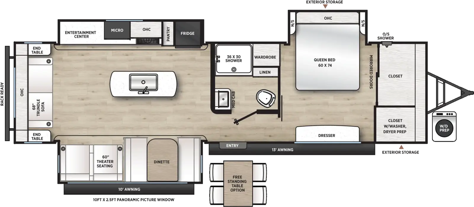 The Catalina Legacy Edition 313RLTS floorplan has one entry and three slide outs. Exterior features include: metal exterior and 10' & 13' awning. Interiors features include: kitchen island, free-standing dinette option, front bedroom and rear living.