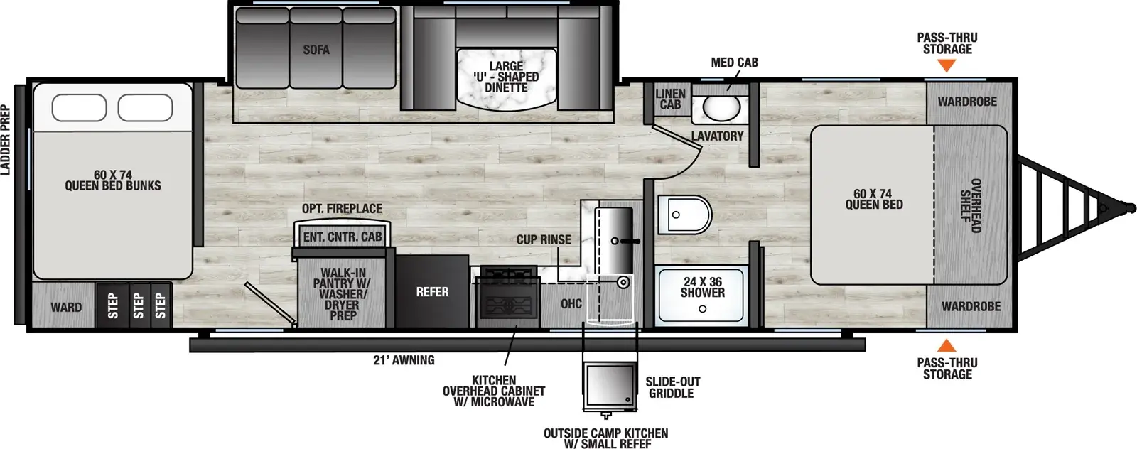 The Viking Travel Trailers 282TQS floorplan has one entry and one slide out. Exterior features include: metal exterior, 21' awning and outside kitchen. Interiors features include: u-dinette, front bedroom, rear bedroom, two bedrooms and pass through bathroom.