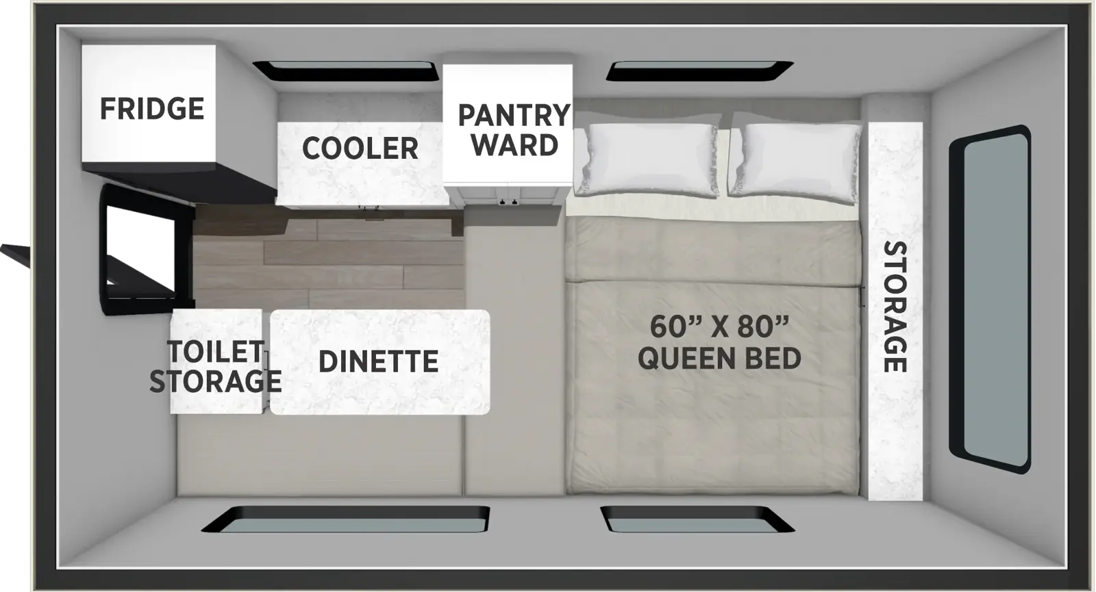 The Real-Lite Truck Camper R-780H floorplan features include: toilet.