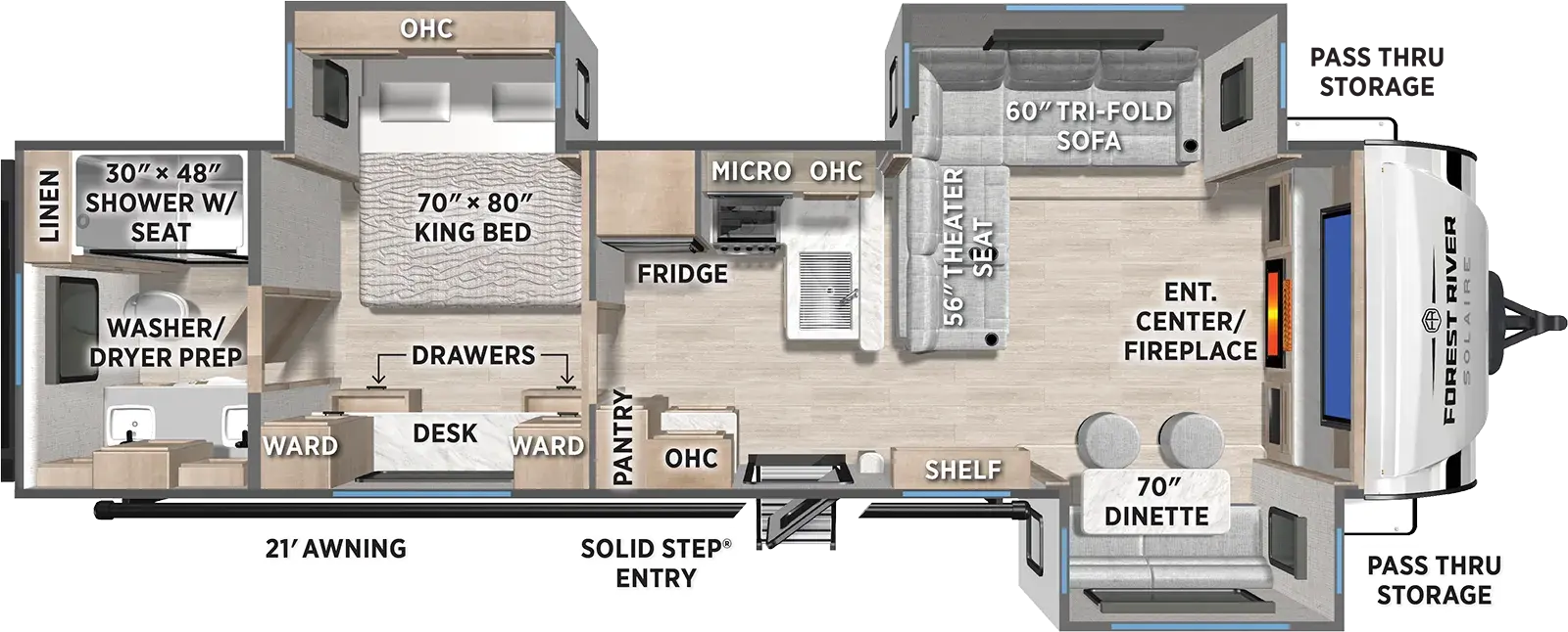 The SolAire Ultra Lite 3300FLBS floorplan has one entry and three slide outs. Exterior features include: fiberglass exterior and 21' awning. Interiors features include: front living and rear bathroom.
