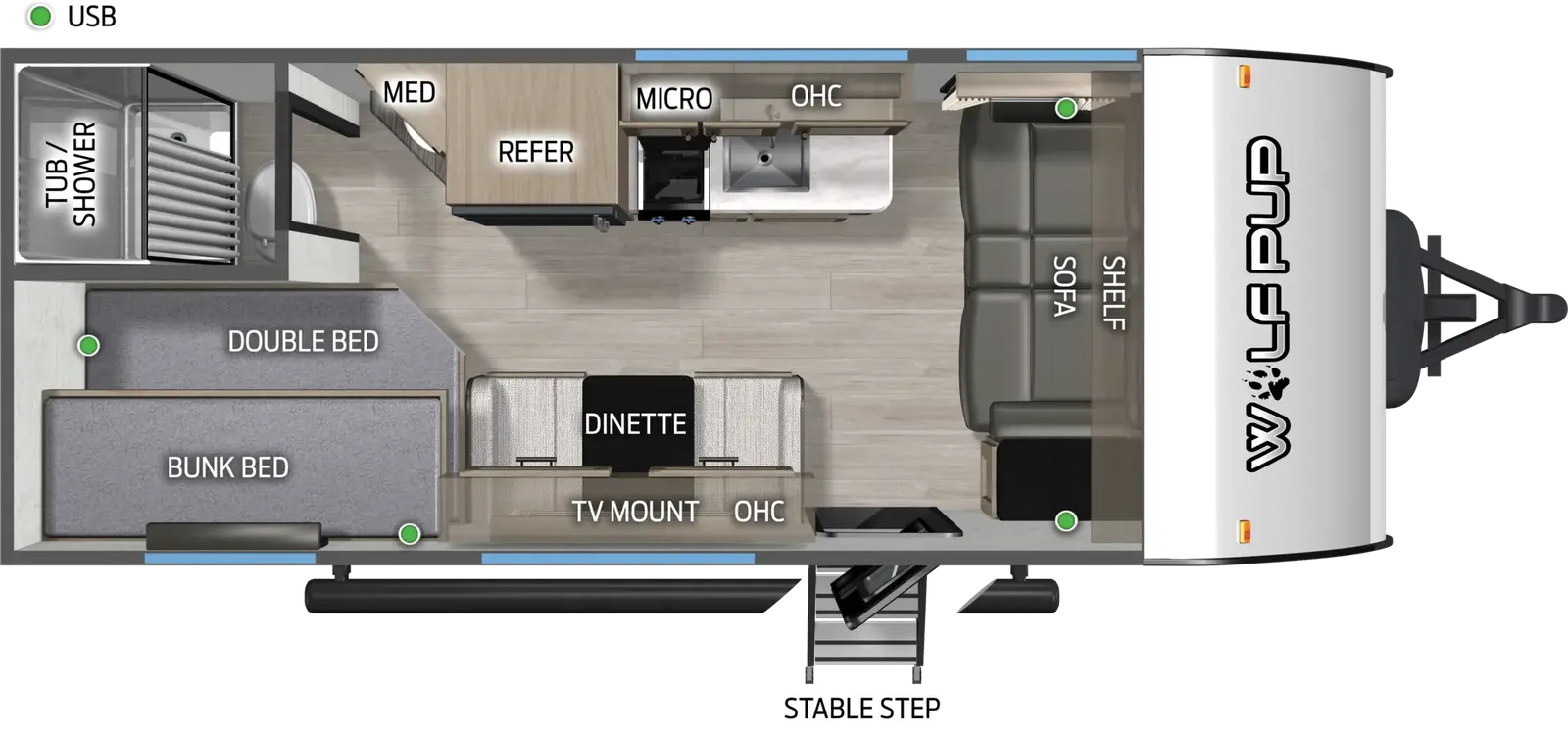 The Wolf Pup 16DB floorplan has one entry and zero slide outs. Exterior features include: metal exterior. Interiors features include: bunk beds and front living.