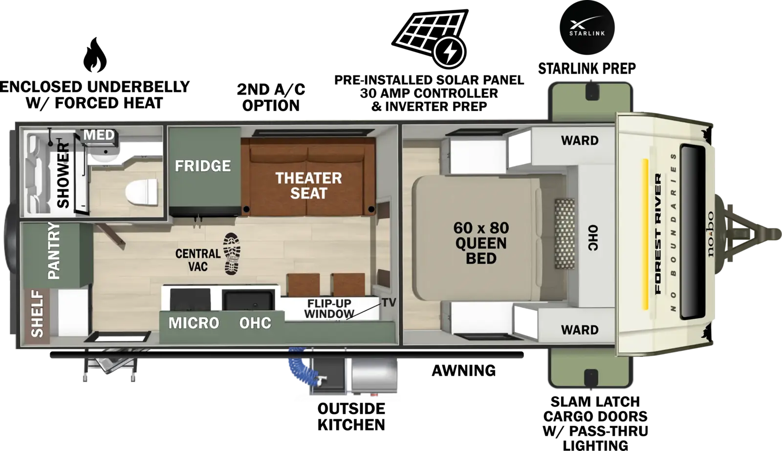 The No Boundaries NB20.2 floorplan has one entry and zero slide outs. Exterior features include: fiberglass exterior, 16' awning and outside kitchen. Interiors features include: front bedroom.