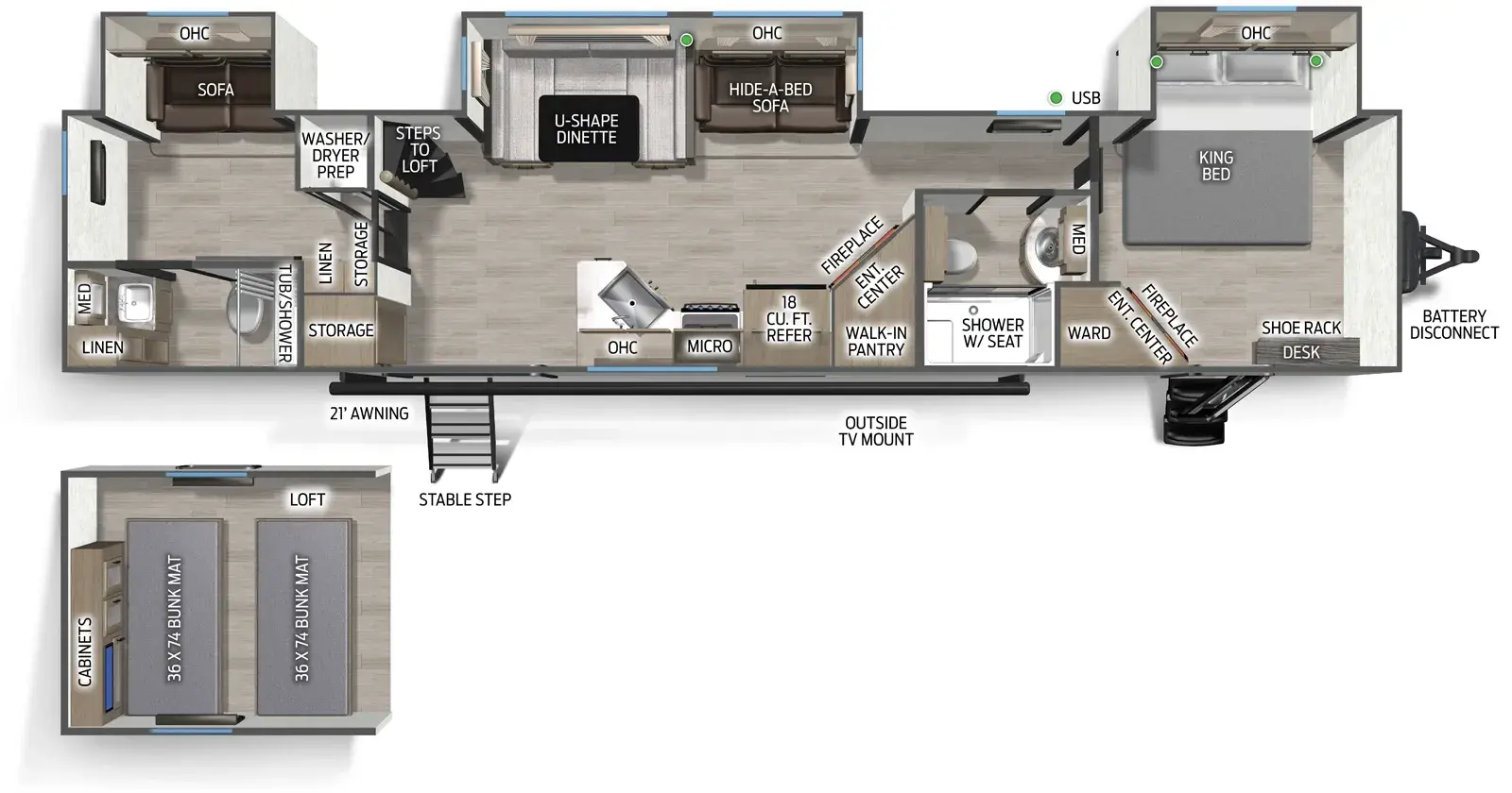 The Cascade 39DCC floorplan has two entries and three slide outs. Exterior features include: metal exterior and 21' awning. Interiors features include: loft, u-dinette, front bedroom and two full bathrooms.