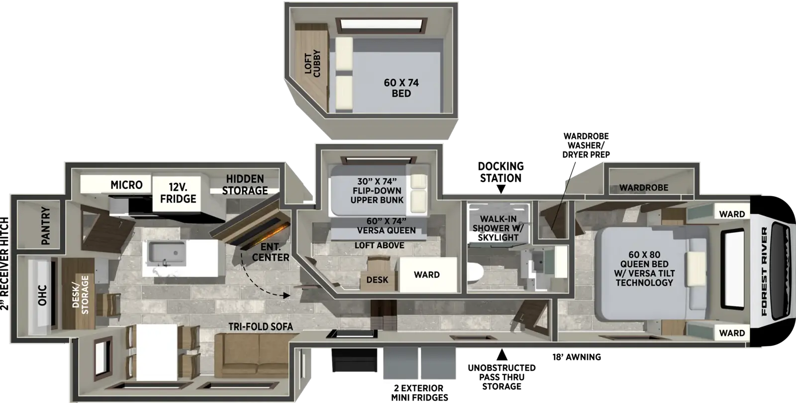 The Impression 315MB floorplan has one entry and four slide outs. Exterior features include: fiberglass exterior, 18' awning and outside kitchen. Interiors features include: bunk beds, loft, kitchen island, free-standing dinette option and front bedroom.