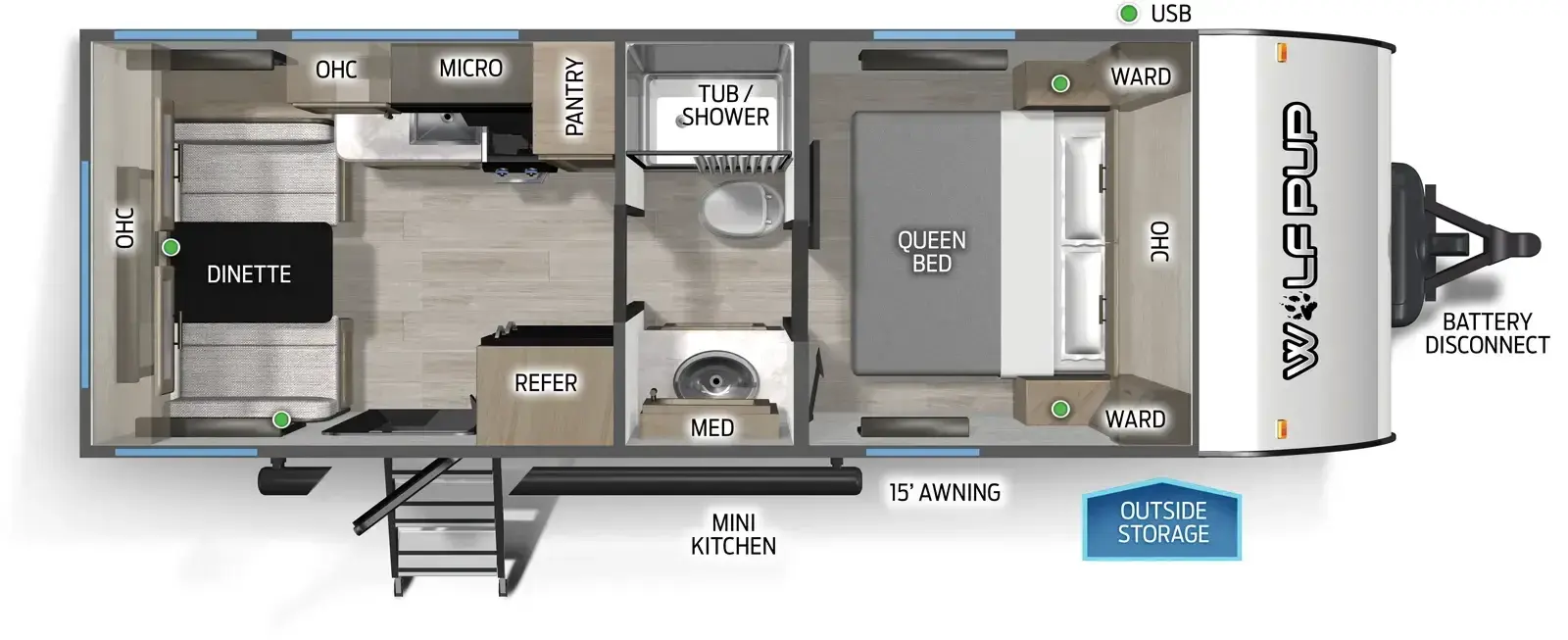 The Cherokee Black Label 16CMBL floorplan has one entry and zero slide outs. Exterior features include: fiberglass exterior, 15' awning and outside kitchen. Interiors features include: front bedroom and pass through bathroom.