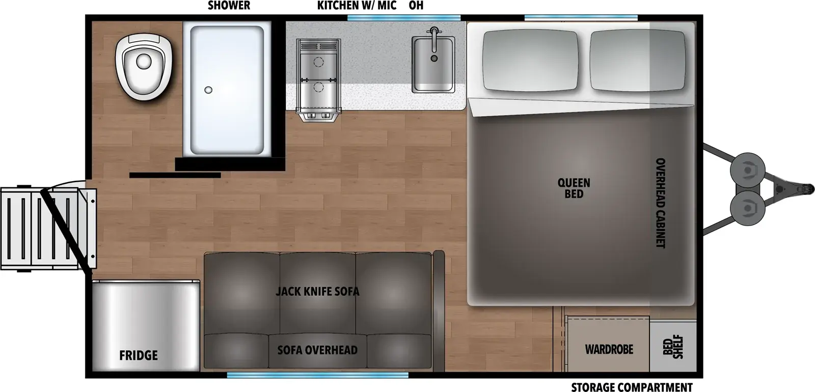 The Northern Spirit DLX & Compact 160RE floorplan has one entry and zero slide outs. Exterior features include: metal exterior. Interiors features include: front bedroom.