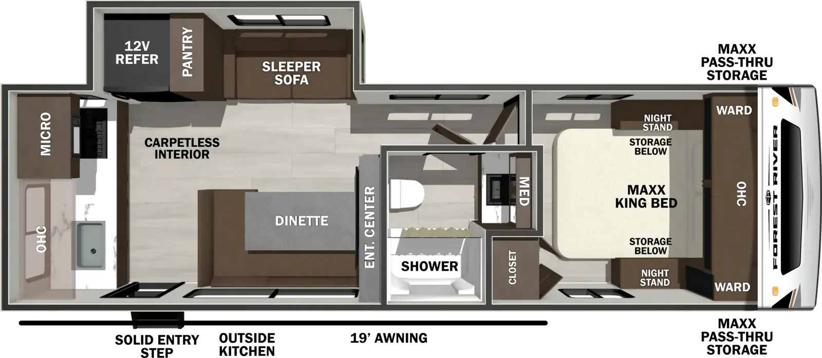 The Wildcat Travel Trailers 249RKX floorplan has one entry and one slide out. Exterior features include: fiberglass exterior and 19' awning. Interiors features include: rear kitchen and front bedroom.