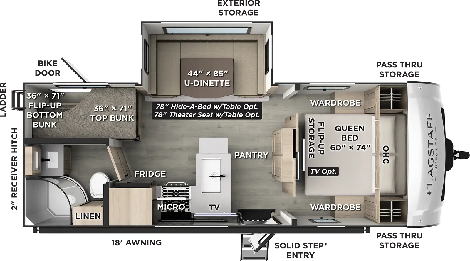 The Flagstaff Micro Lite 25DBH floorplan has one entry and one slide out. Exterior features include: fiberglass exterior and 18' awning. Interiors features include: bunk beds, u-dinette and front bedroom.
