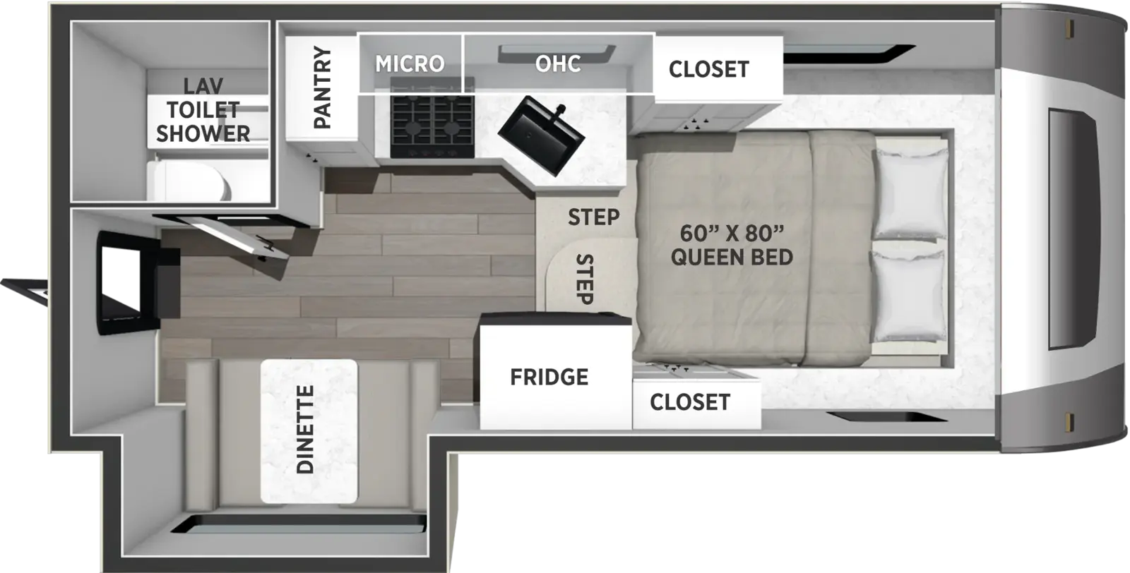The Real-Lite Truck Camper HS-1912 floorplan features include: one slide out and toilet.