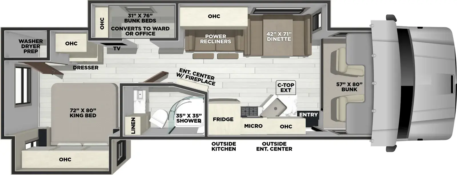 The Entourage 340BH floorplan has one entry and two slide outs. Exterior features include: 15' awning, outside entertainment and outside kitchen. Interiors features include: bunk beds, rear bedroom, bunk over cab and dinette.