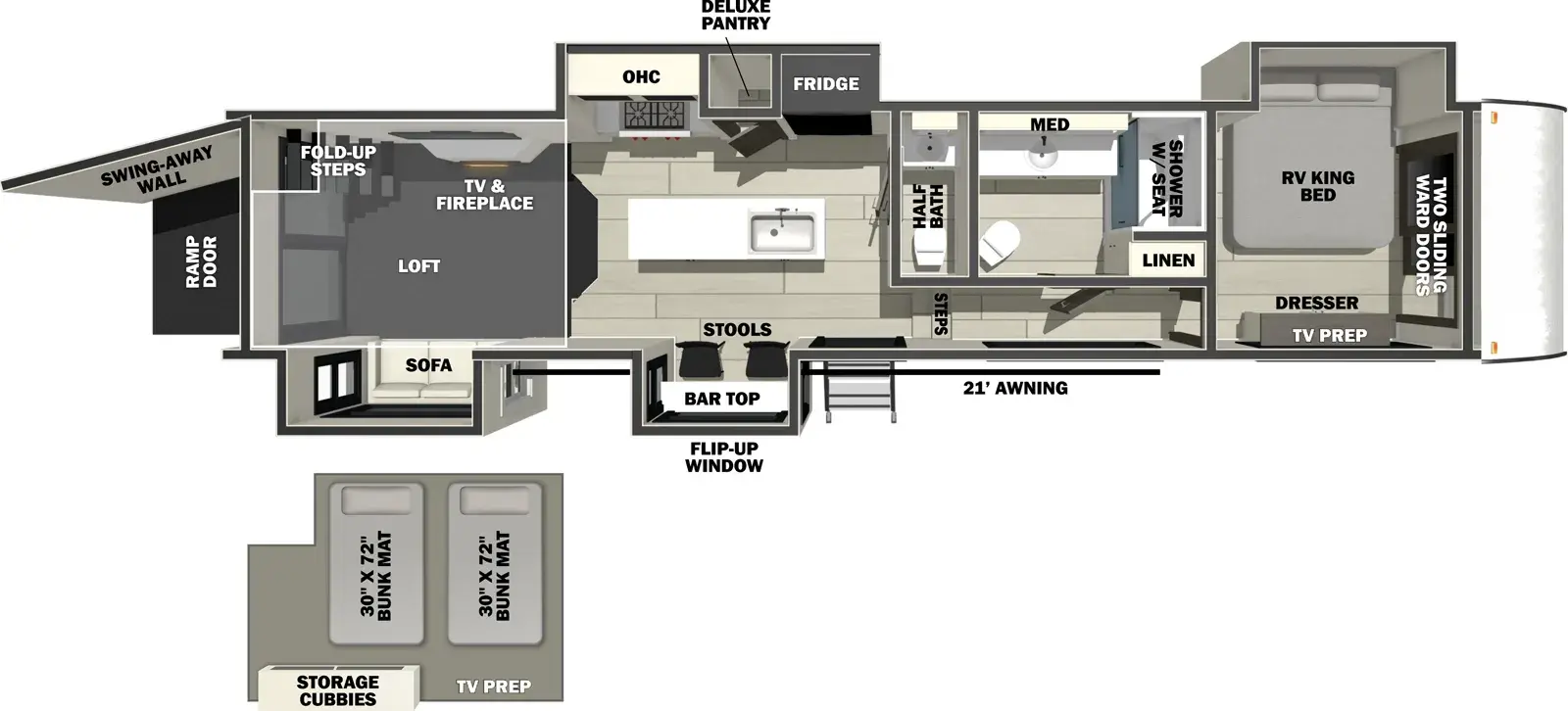 The Rogue Store 411STORE floorplan is a toy hauler that has one entry and four slide outs. Exterior features include: fiberglass exterior and 21' awning. Interiors features include: loft, kitchen island, front bedroom and bathroom and a half.