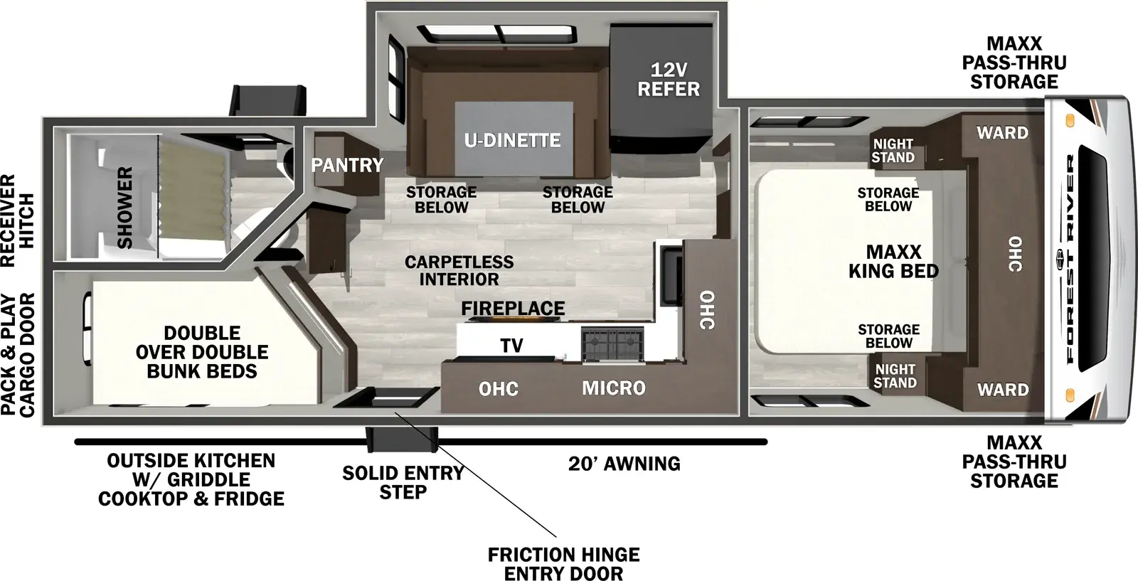 The Wildcat Travel Trailers 246DBX floorplan has one entry and one slide out. Exterior features include: fiberglass exterior, 18' awning and outside kitchen. Interiors features include: bunk beds, u-dinette and front bedroom.