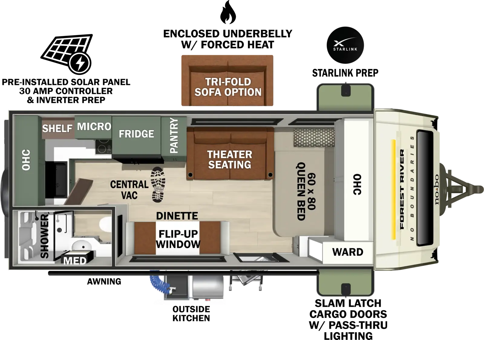 The No Boundaries NB18.8 floorplan has one entry and zero slide outs. Exterior features include: fiberglass exterior and outside kitchen. Interiors features include: front bedroom.