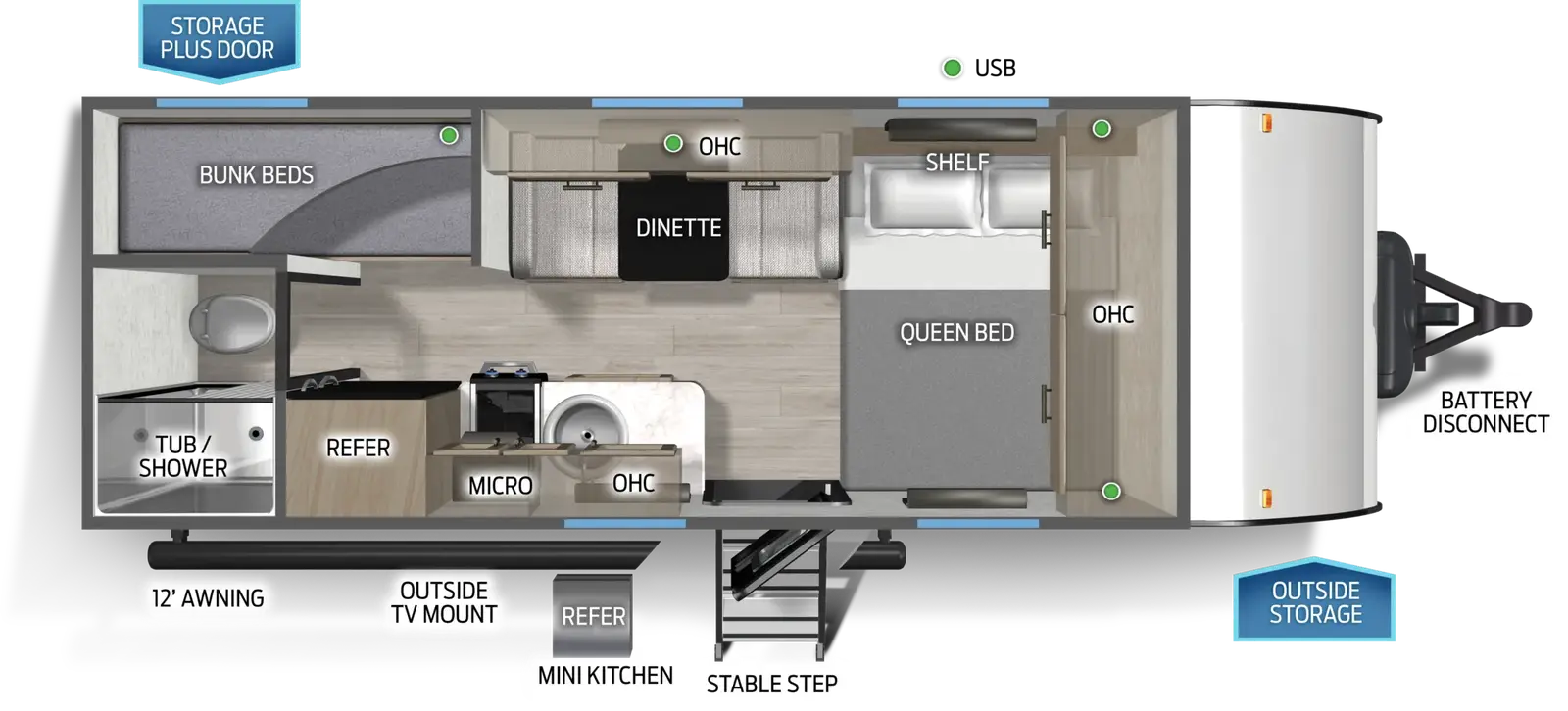 The Cascade 161DBFGC floorplan has one entry and zero slide outs. Exterior features include: fiberglass exterior, 12' awning and outside kitchen. Interiors features include: bunk beds and front bedroom.