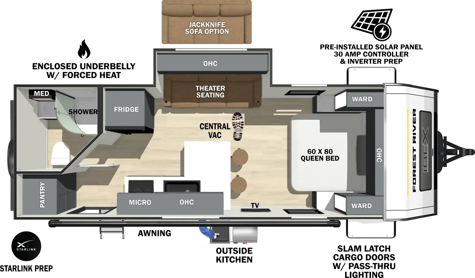 The Ibex 19MSB floorplan has one entry and one slide out. Exterior features include: fiberglass exterior, 16' awning and outside kitchen. Interiors features include: front bedroom.