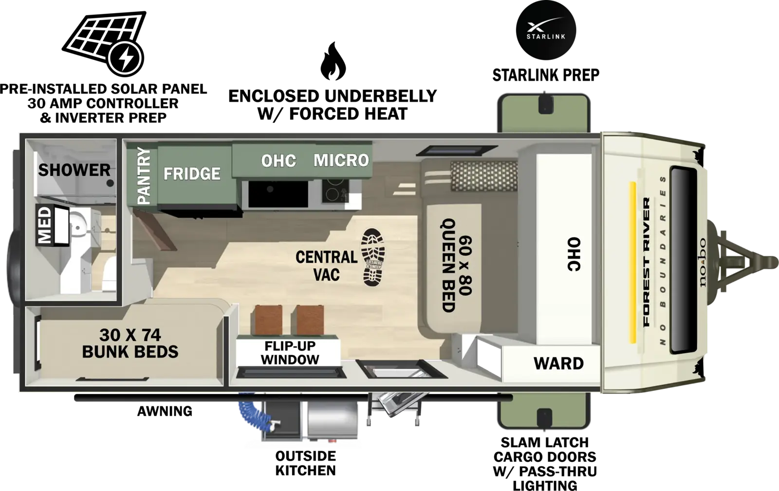 The No Boundaries NB18.7 floorplan has one entry and zero slide outs. Exterior features include: fiberglass exterior, 14' awning and outside kitchen. Interiors features include: bunk beds and front bedroom.