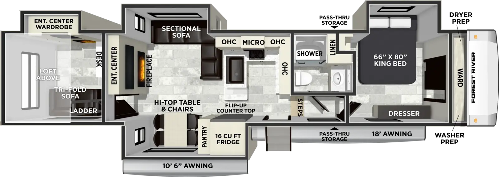 The Wildcat Fifth Wheels 38DEN floorplan has one entry and four slide outs. Exterior features include: fiberglass exterior and 10'6" & 18' awning. Interiors features include: bunk beds, loft and front bedroom.