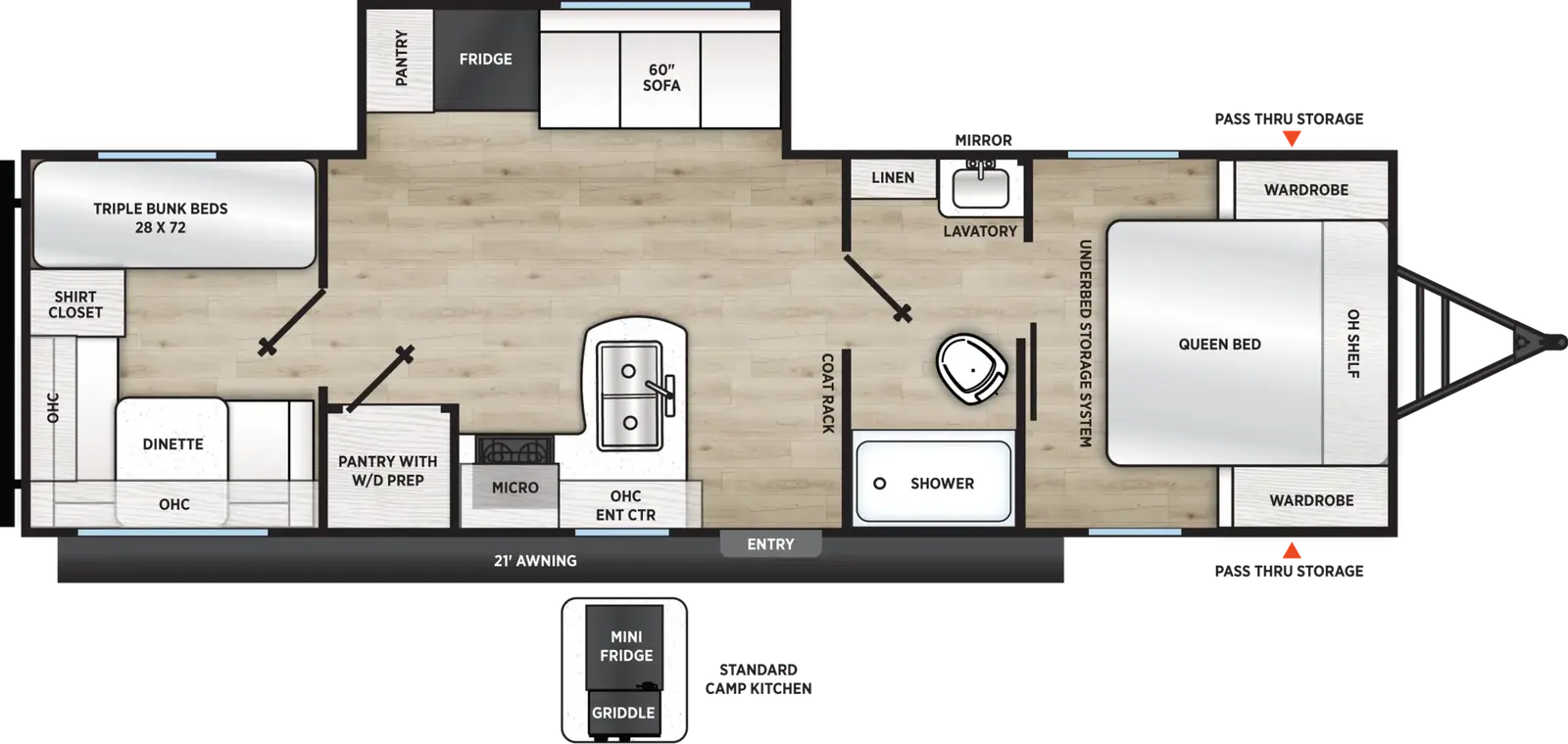 The Viking Travel Trailers 26BHD floorplan has one entry and one slide out. Exterior features include: metal exterior, 21' awning and outside kitchen. Interiors features include: bunk beds, front bedroom and pass through bathroom.