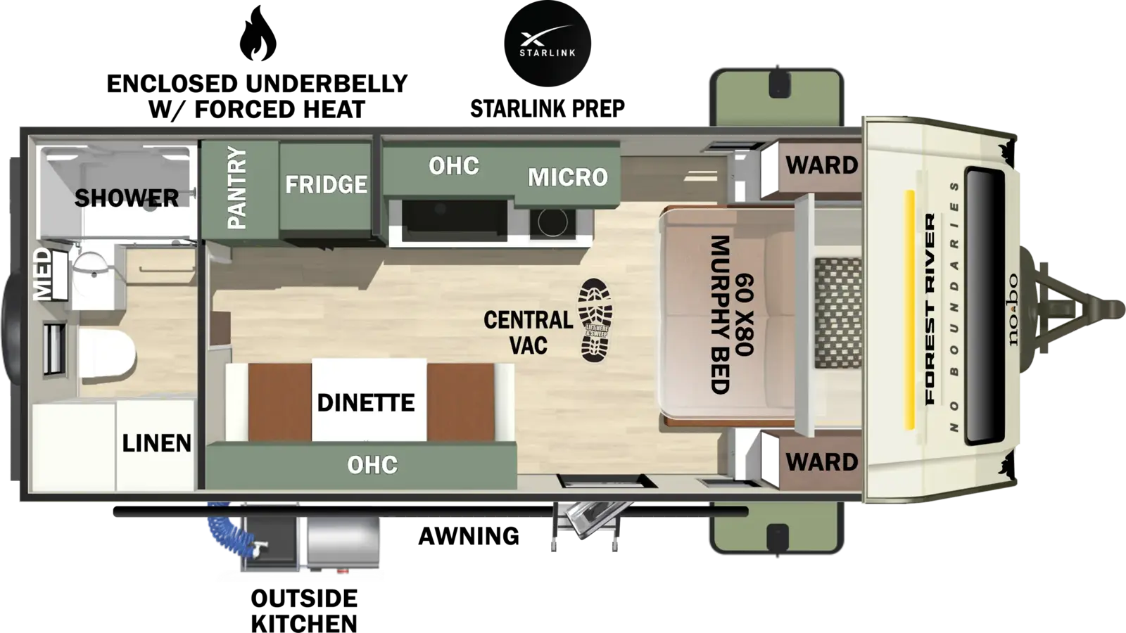 The No Boundaries NB19.2 floorplan has one entry and zero slide outs. Exterior features include: fiberglass exterior, 14' awning and outside kitchen. Interiors features include: murphy bed and rear bathroom.