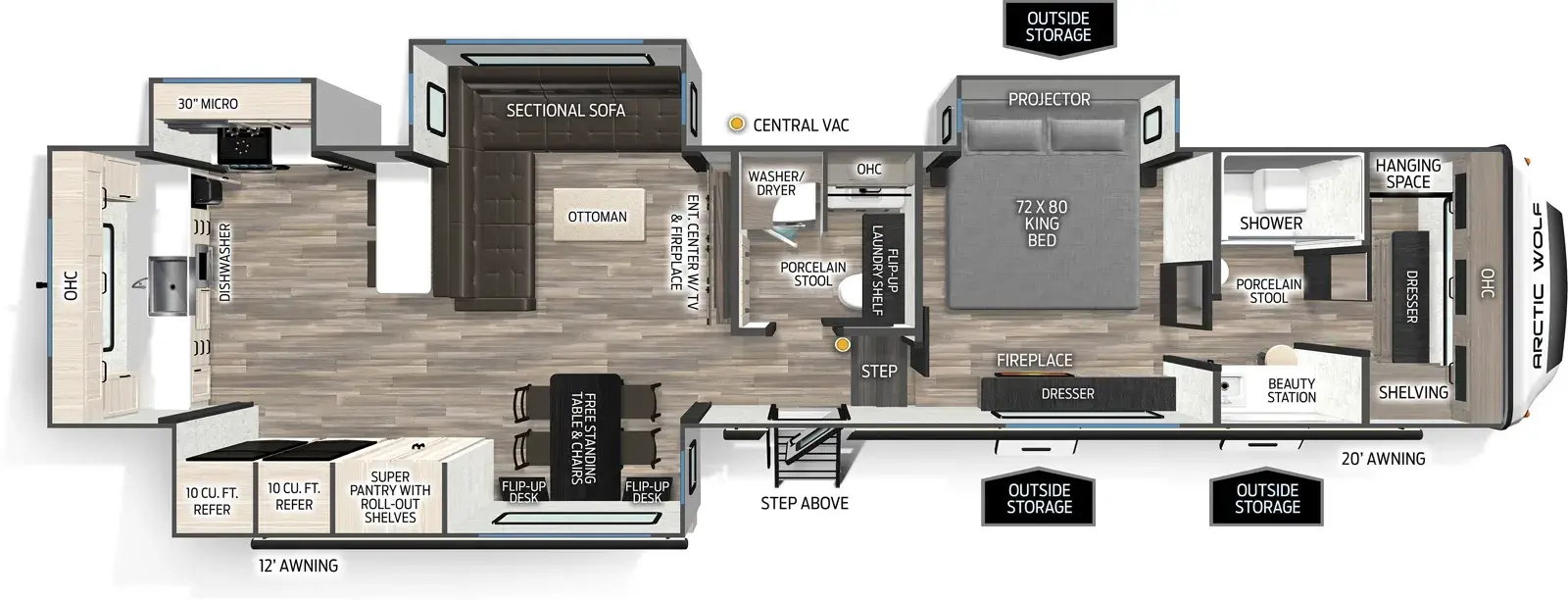 The Arctic Wolf 387ML floorplan has one entry and four slide outs. Exterior features include: fiberglass exterior and 12' & 15' awning. Interiors features include: rear kitchen, free-standing dinette option, pass through bathroom and bathroom and a half.