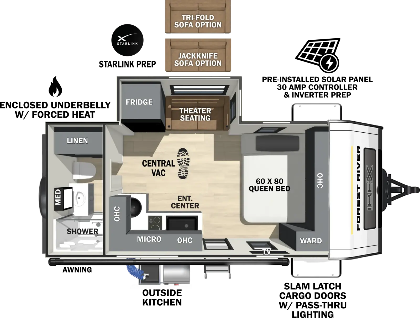 The Ibex 16MKS floorplan has one entry and one slide out. Exterior features include: fiberglass exterior and 13' awning. Interiors features include: front bedroom and rear bathroom.