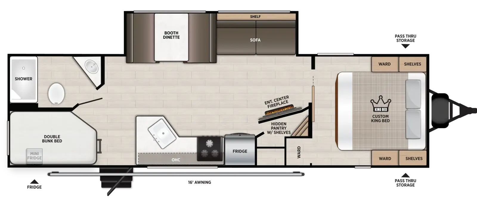 The X-Lite 26DBXL floorplan has one entry and one slide out. Exterior features include: metal exterior and 16' awning. Interiors features include: bunk beds and front bedroom.