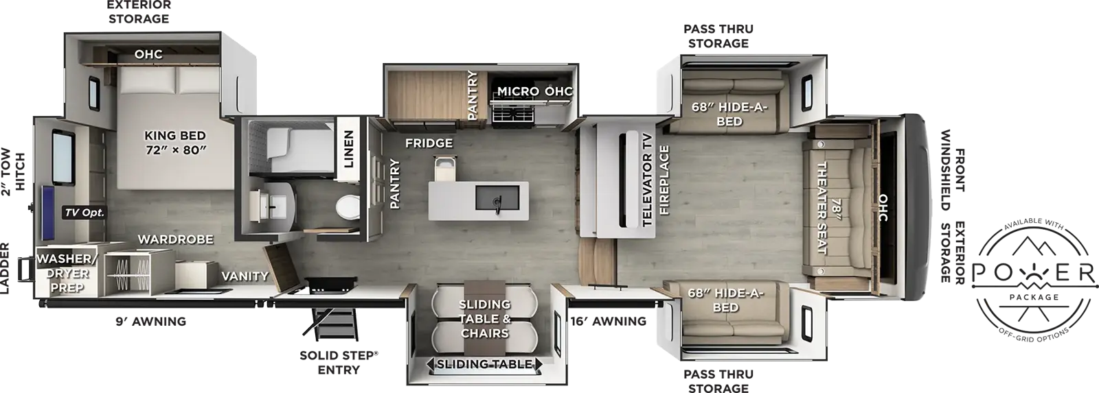 The Flagstaff Classic Fifth Wheels 402CFL floorplan has one entry and five slide outs. Exterior features include: fiberglass exterior and 9' & 16' awning. Interiors features include: rear bedroom and front living.