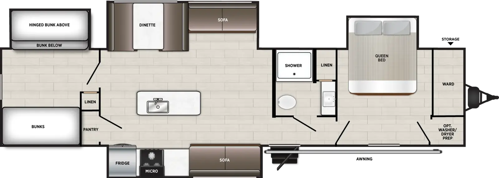 The Salem 34BH4 floorplan has one entry and four slide outs. Exterior features include: metal exterior. Interiors features include: bunk beds, kitchen island and front bedroom.