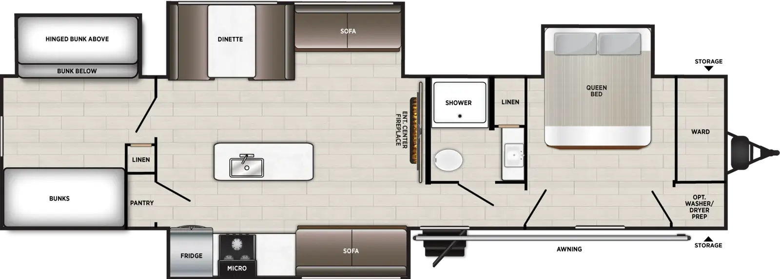 The Salem 34QS4 floorplan has one entry and four slide outs. Exterior features include: metal exterior. Interiors features include: bunk beds, kitchen island and front bedroom.