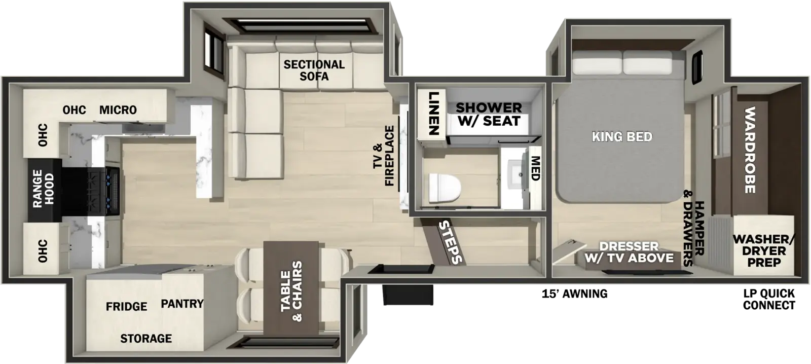 The Cedar Creek 312RK floorplan has one entry and three slide outs. Exterior features include: fiberglass exterior and 15' awning. Interiors features include: rear kitchen, free-standing dinette option and front bedroom.
