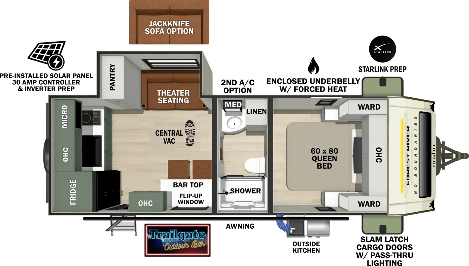 The No Boundaries NB19.0 floorplan has one entry and one slide out. Exterior features include: fiberglass exterior, 12' awning and outside kitchen. Interiors features include: rear kitchen, front bedroom and pass through bathroom.