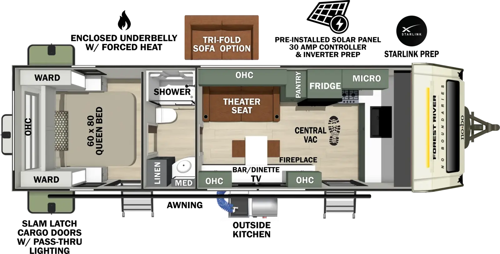 The No Boundaries NB21.1 floorplan has two entries and zero slide outs. Exterior features include: fiberglass exterior and outside kitchen. Interiors features include: front kitchen, rear bedroom and pass through bathroom.