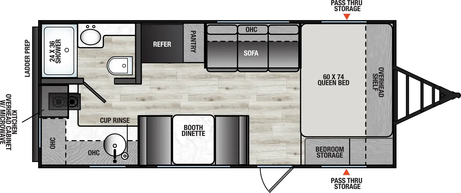 The Viking Travel Trailers 19RK floorplan has one entry and zero slide outs. Exterior features include: metal exterior. Interiors features include: front bedroom.