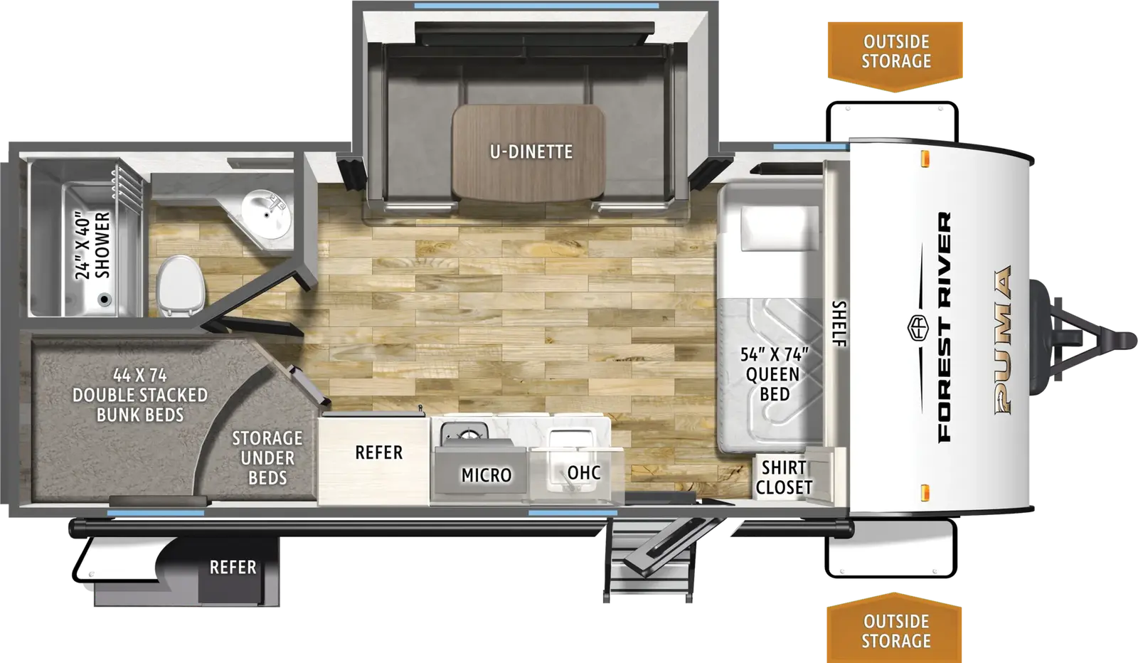 The Puma Camping Edition 18BHCE floorplan has one entry and one slide out. Exterior features include: metal exterior and 10' awning. Interiors features include: bunk beds, u-dinette, front bedroom and murphy bed.