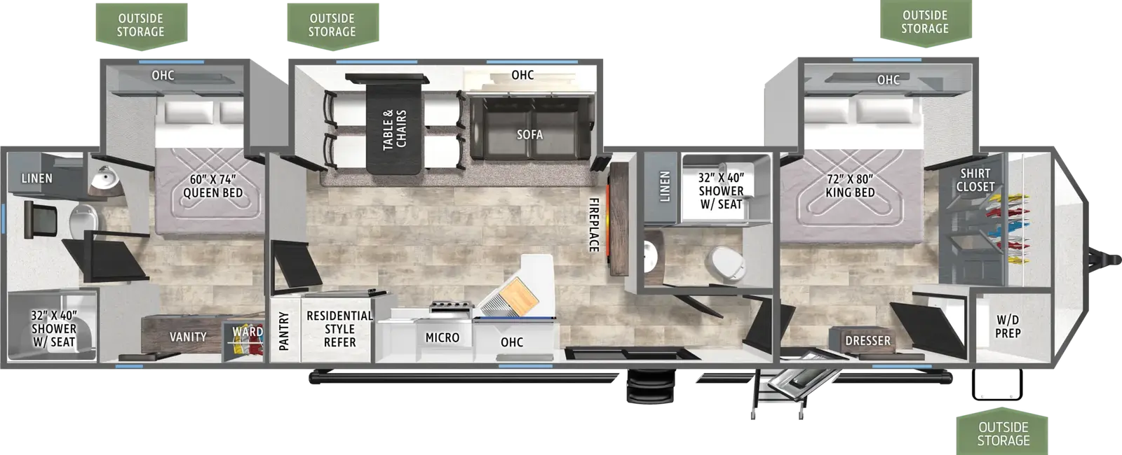 The Puma Destination 39DBT floorplan has two entries and three slide outs. Exterior features include: metal exterior and 21' awning. Interiors features include: front bedroom, two bedrooms, rear bathroom and two full bathrooms.