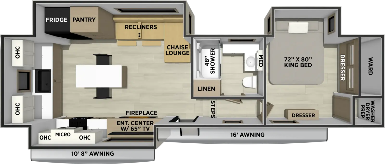 The Sierra Fifth Wheels 3280ML floorplan has one entry and three slide outs. Exterior features include: fiberglass exterior and 10'8" & 16' awning. Interiors features include: rear kitchen, kitchen island and front bedroom.