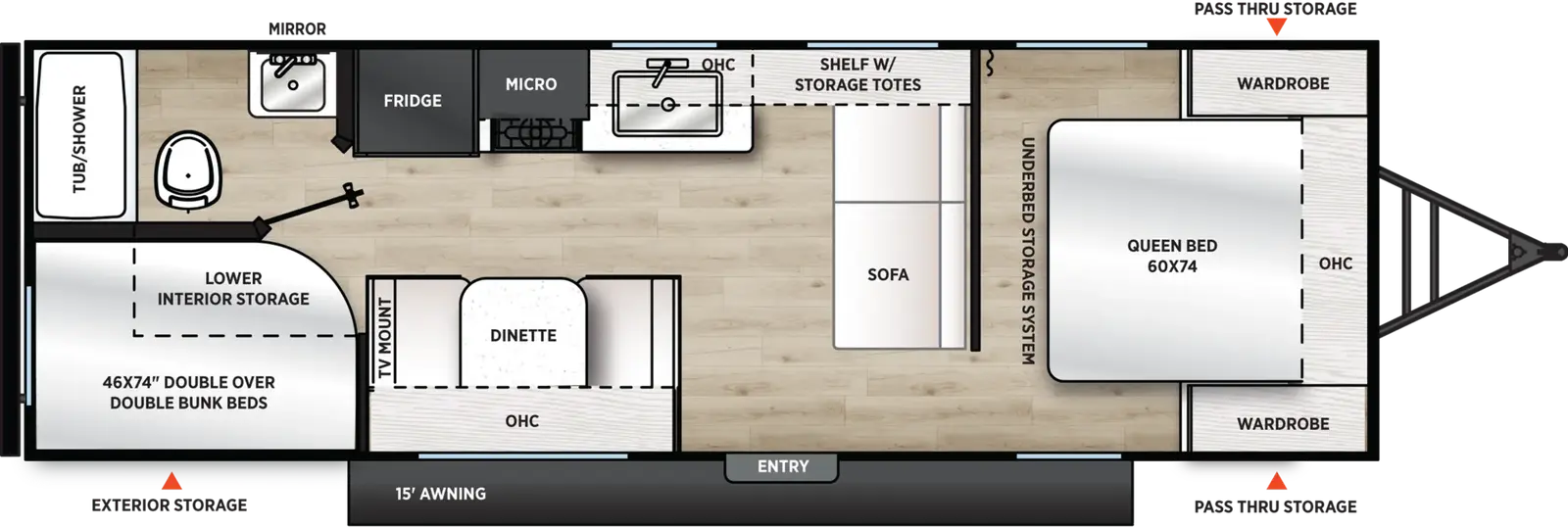 The Viking Travel Trailers 26BH floorplan has one entry and zero slide outs. Exterior features include: metal exterior, 15' awning and outside kitchen. Interiors features include: bunk beds and front bedroom.