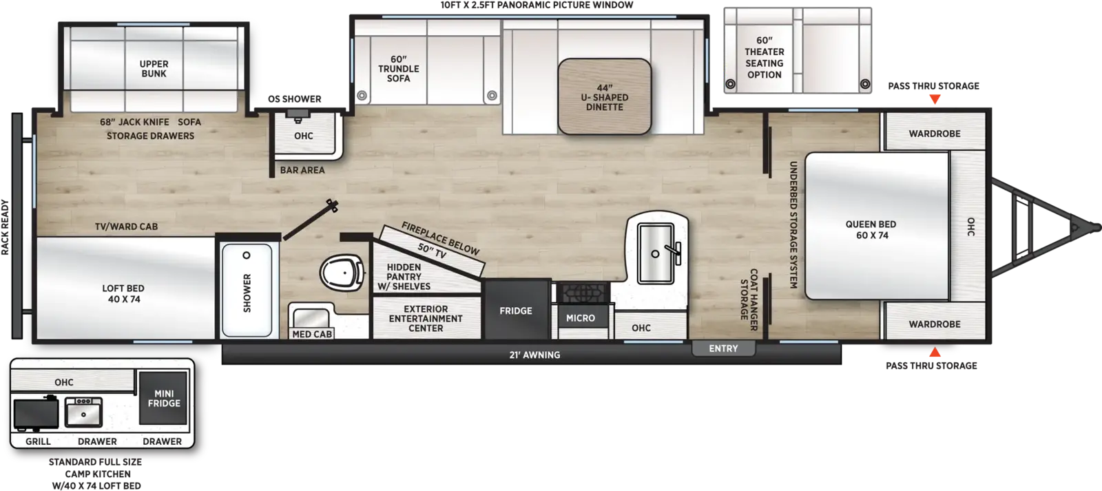 The Catalina Legacy Edition 323BHDSCK floorplan has two entries and two slide outs. Exterior features include: metal exterior, 21' awning and outside kitchen. Interiors features include: bunk beds, u-dinette and front bedroom.