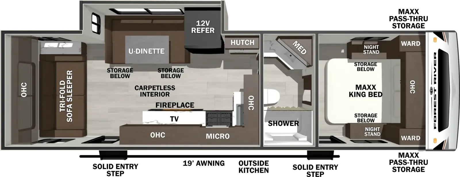 The Wildcat Travel Trailers 261RLX floorplan has two entries and one slide out. Exterior features include: fiberglass exterior, 19' awning and outside kitchen. Interiors features include: u-dinette, front bedroom and pass through bathroom.