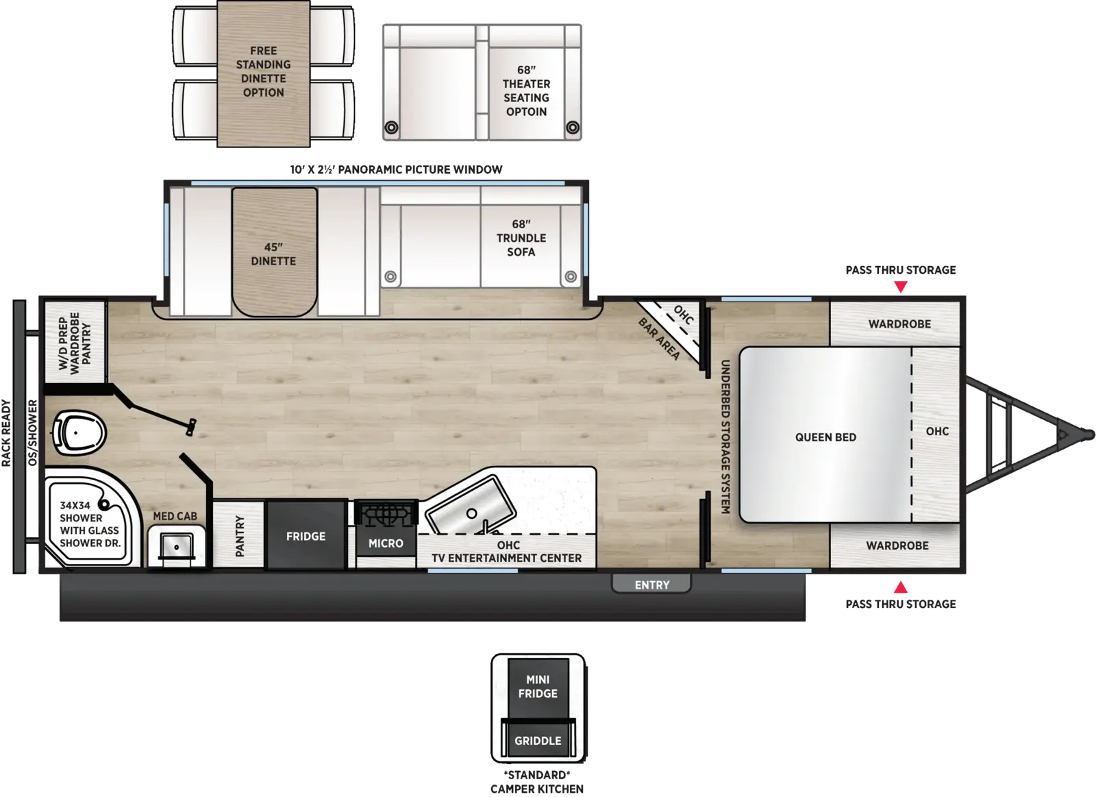 The Catalina Legacy Edition 243RBS floorplan has one entry and one slide out. Exterior features include: metal exterior, 21' awning and outside kitchen. Interiors features include: free-standing dinette option and front bedroom.
